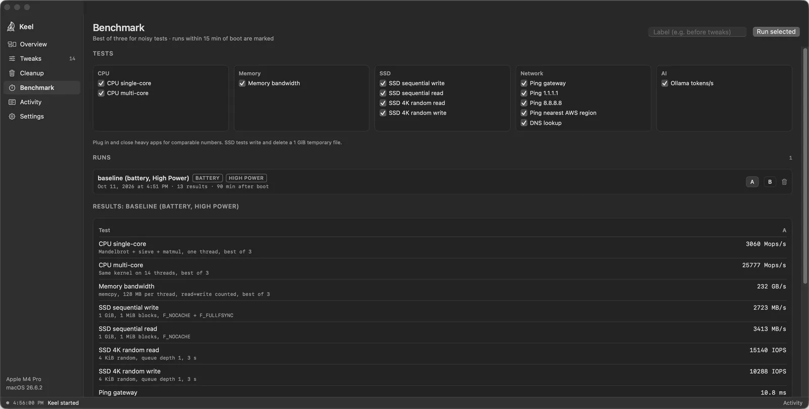 Keel's Benchmark page. Test groups for CPU, memory, SSD, network and AI can be selected. A saved run labelled 'baseline (battery, High Power)' has A and B buttons for comparison, and its results list each test with how it was measured.