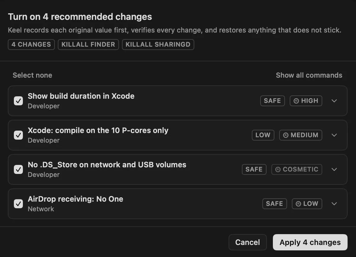Confirmation sheet titled 'Turn on 4 recommended changes'. It reads: Keel records each original value first, verifies every change, and restores anything that does not stick. Four tweaks are listed with their risk and impact, with a Show all commands link and an Apply 4 changes button.