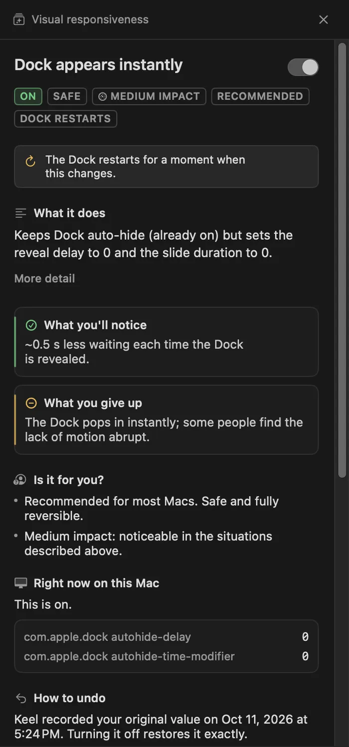 Detail panel for the tweak 'Dock appears instantly'. Badges read ON, SAFE, MEDIUM IMPACT, RECOMMENDED and DOCK RESTARTS. Sections list what it does, what you will notice, what you give up, the two Dock preference values on this Mac, and how to undo it.