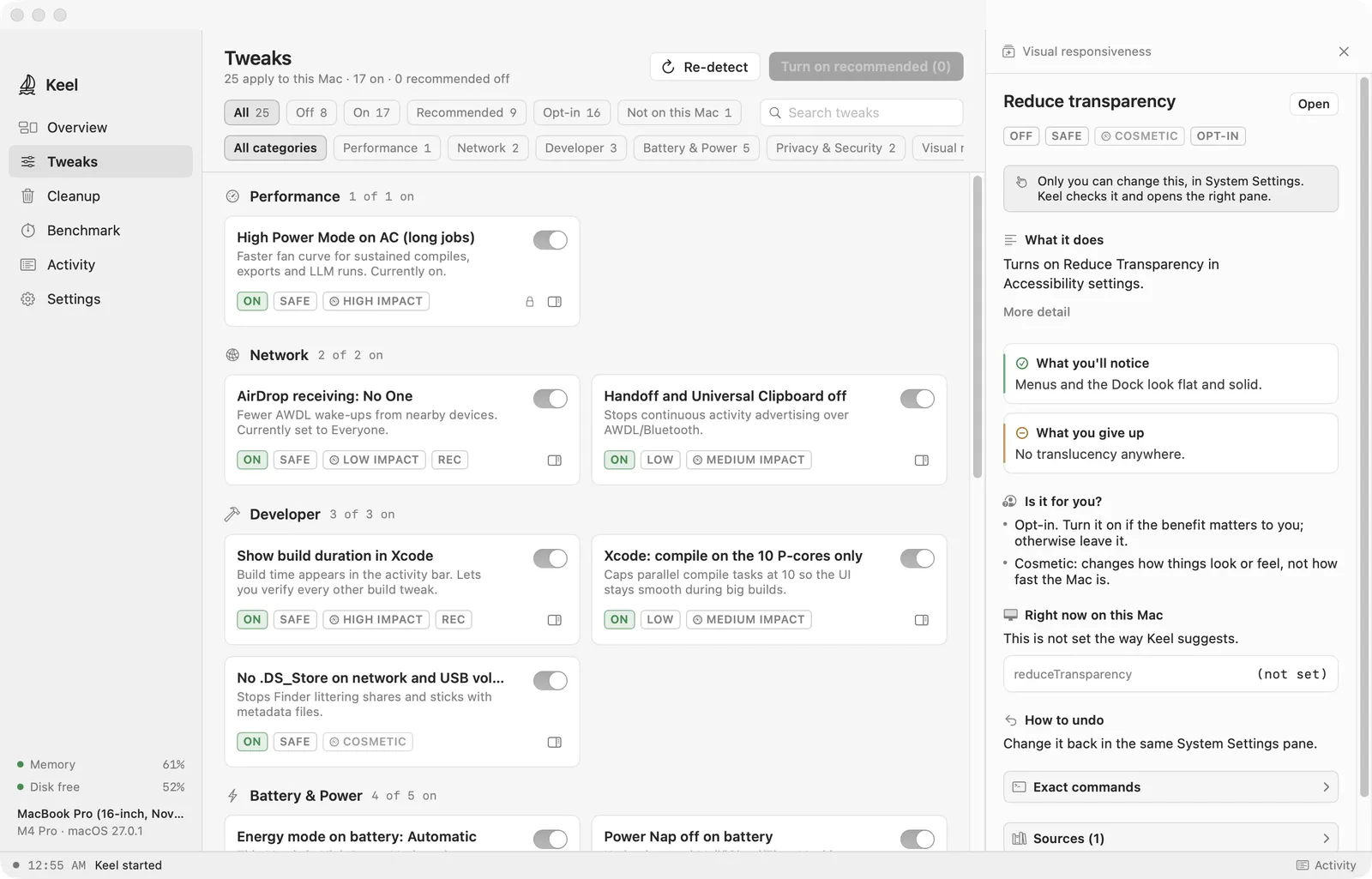 Keel's Tweaks page. Cards grouped by area show each tweak's state, risk and impact. A side panel explains one tweak: what it does, what you will notice, what you give up, the current values on this Mac and how to undo it.