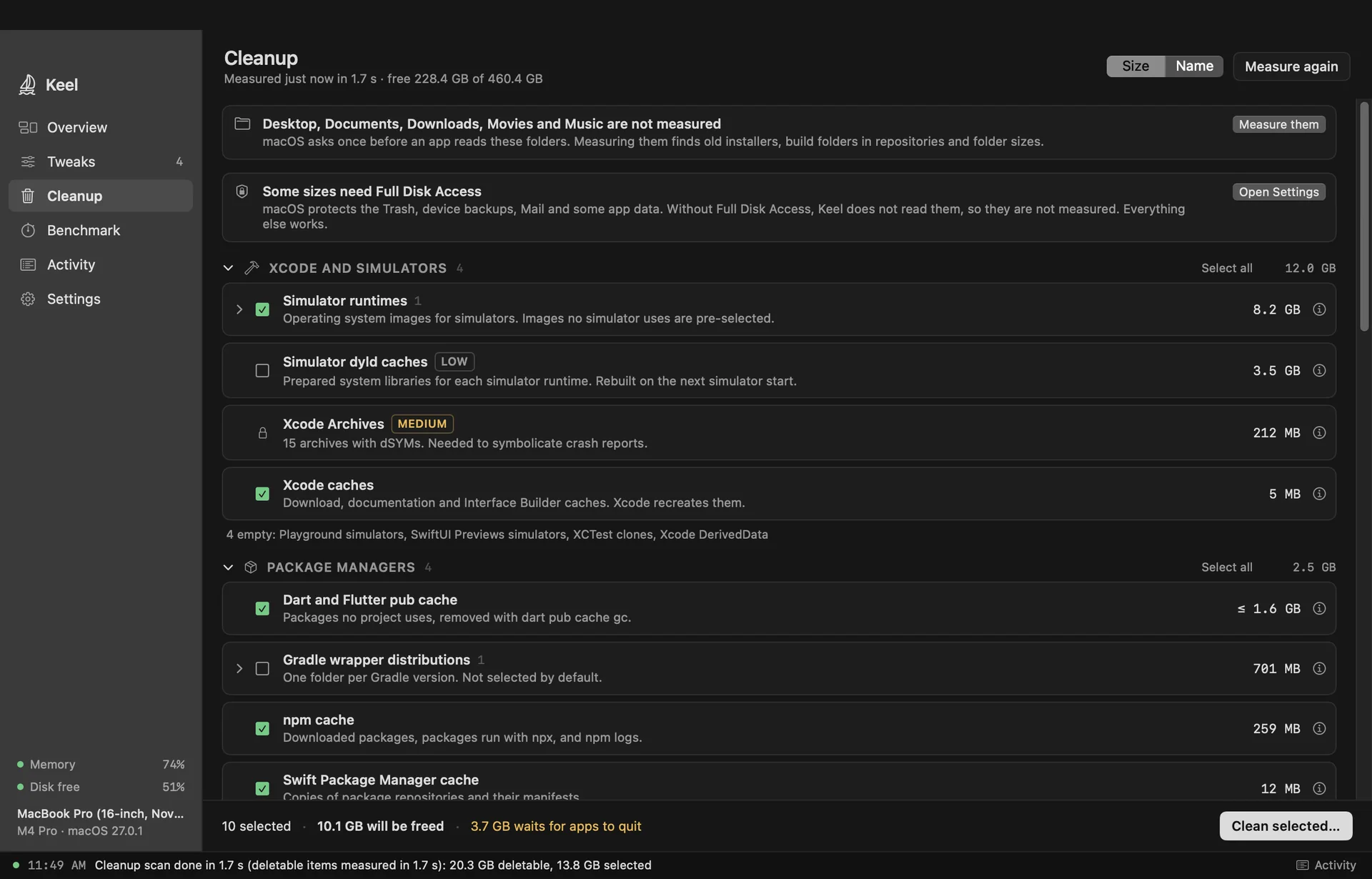 Keel's Cleanup page listing Xcode, simulator and package manager caches with measured sizes.