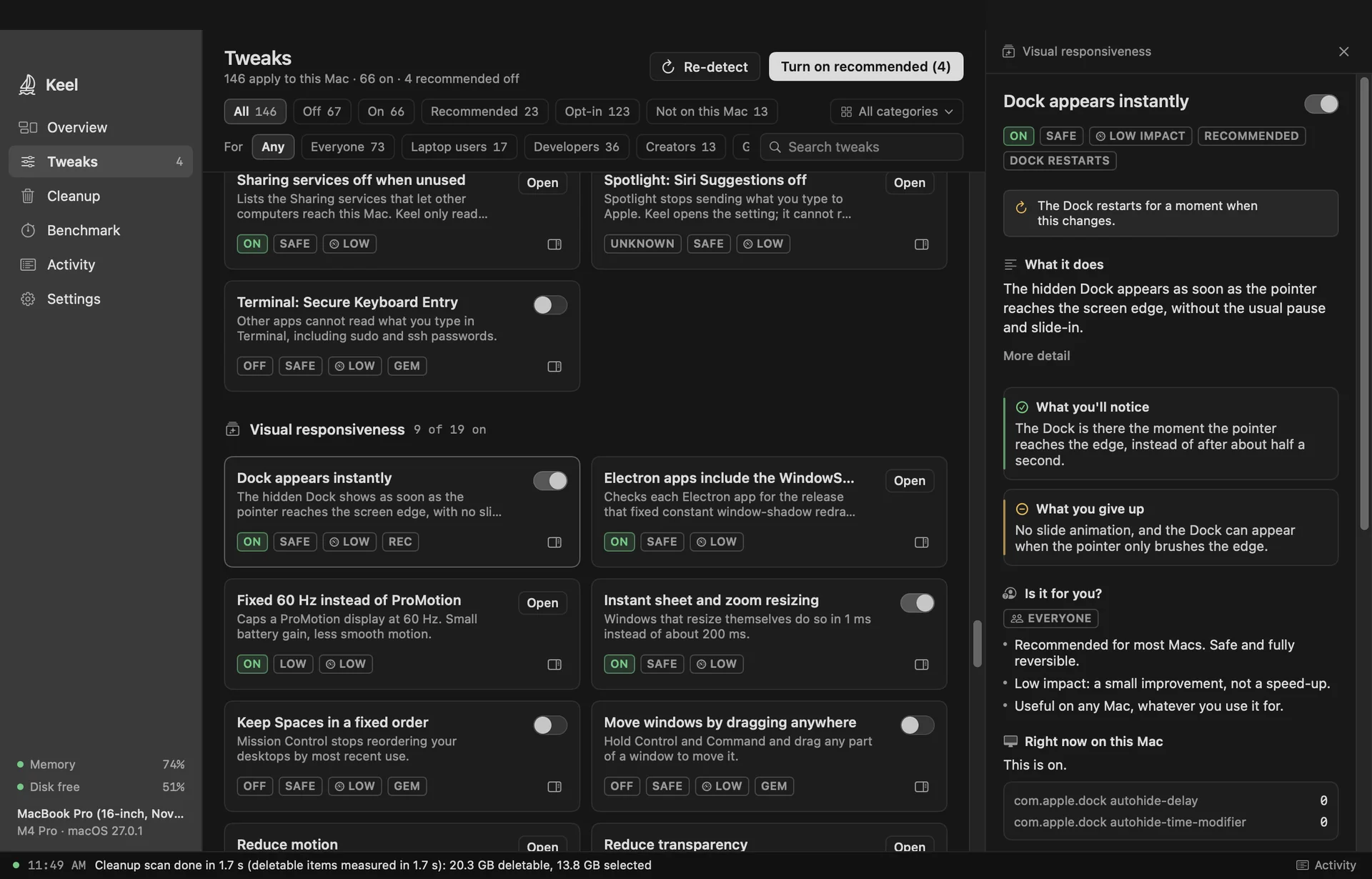The Tweaks page with the detail panel open next to the list.