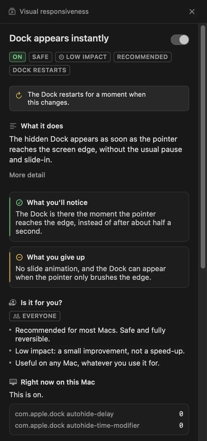 The detail panel for Dock appears instantly, with what it does, what you'll notice, what you give up and the current values.