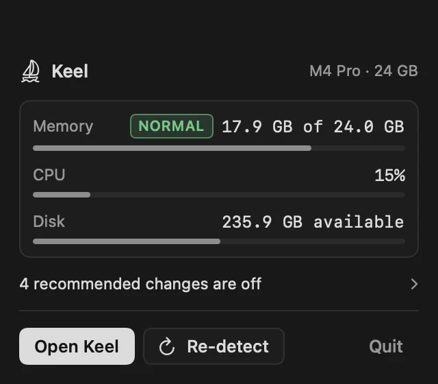 Keel's menu bar panel showing memory pressure, CPU, free disk space and four recommended changes that are off.