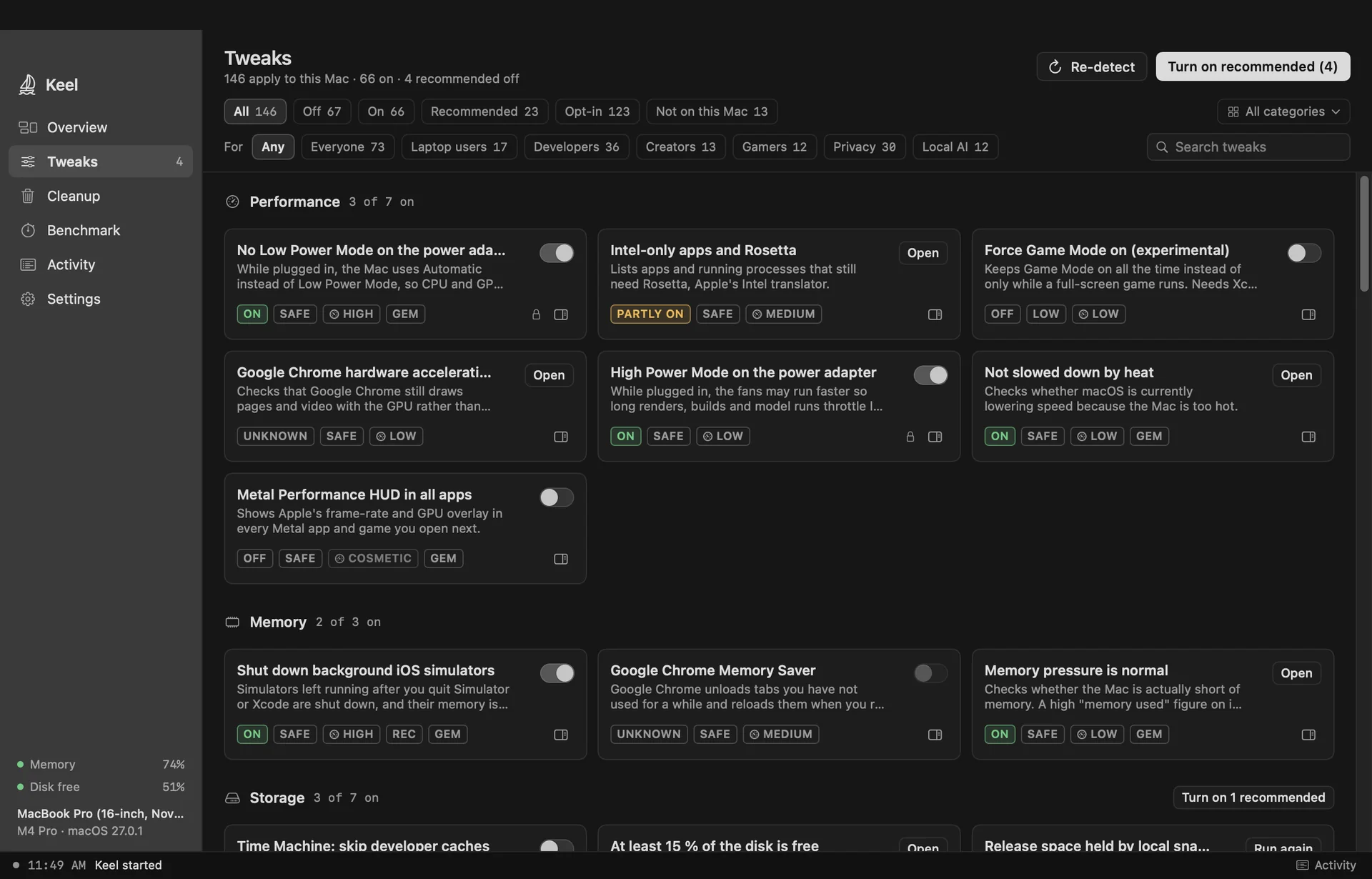 Keel's Tweaks page, with tweaks grouped by area and filters for who each tweak is for.